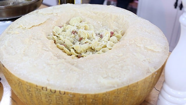 Pancetta Pea Pasta in Parmigiano Reggiano Wheel