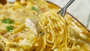 Creamy, Cheesy Chicken Spaghetti , satisfying baked spaghetti casserole dish