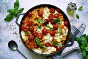 Tomato and Cheese Tagliatelle Pasta Skillet Bake